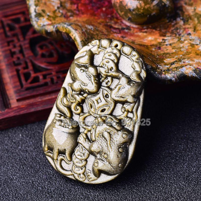 

Pendant Necklaces Beautiful Handmade Natural Gold Obsidian Hand Carved Chinese Coin Toad Lucky Amulet Free Beads Necklace Fine Jewelry