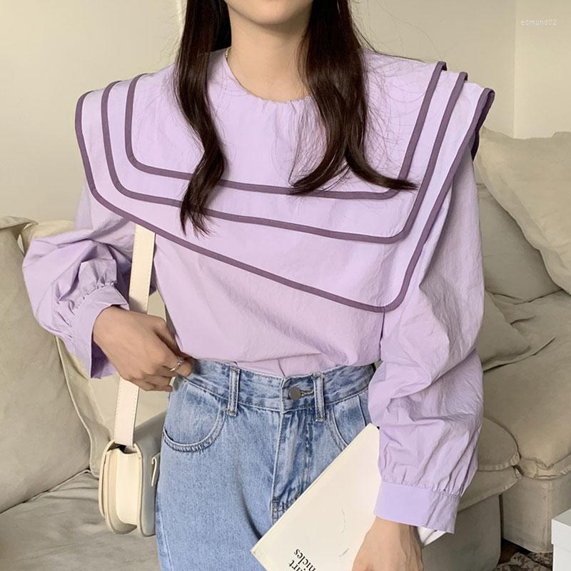 

Women's Blouses WDMSNA Autumn Three-layer Navy Collar Ladies Shirt Irregular Color Contrast Trim Women Loose Long Sleeve Blusa Feminina, Purple