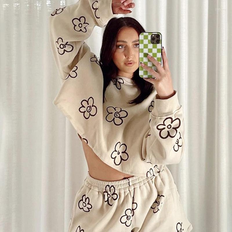 

Women' Two Piece Pants Women' Shorts Suits Tracksuit Casual Flower Print Sets For Sports Jog Winter Street Warm Ladies Ensemble, Camel