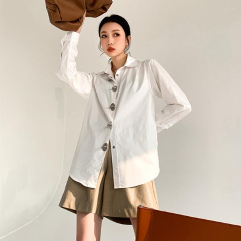 

Women' Blouses Metal Button Up Blouse Long Sleeve Lapel Loose Tops Female Spring 2022 Korean Fashion Blusas Women Clothing White Shirt