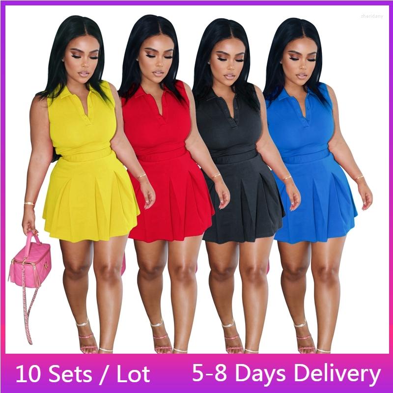 

Work Dresses Wholesale Items Summer Skirt Two Peice Set Women Polo T-shirt Top Ruffle Pleated Mini Fashion Casual Matching Sets, Black