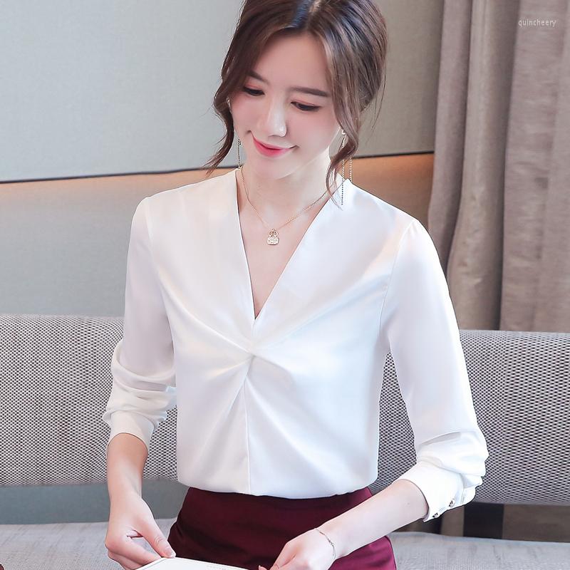 

Women' Blouses Acetate Satin High Quality Office Ladies Shirt 2022 Spring Autumn Design Long Sleeve V-neck Commuter Women Clothing, Green