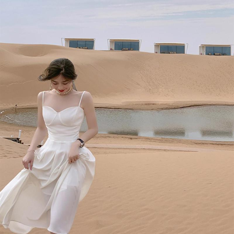 

Party Dresses French Simple Spaghetti Strap A-Line Dress For Women Summer Holiday Sexy Beach Elegant Off Shoulder Solid Gown Vestidos, White
