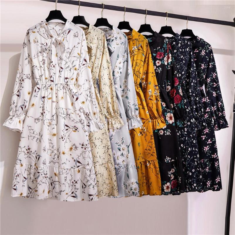 

Casual Dresses Women Long Chiffon Summer Dress A Line Lady Elegant Vintage Floral Prin Shirt Sleeve Bow Midi Party Vestido, A-4