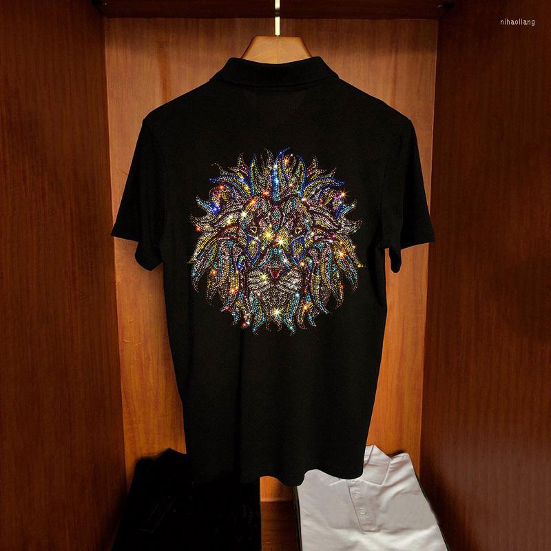 

Men's Polos Men's Polo Shirt Super Soft Fashion Slim Brand Casual Short Sleeve Lion Shiny Rhinestone Pattern, As shown asian size