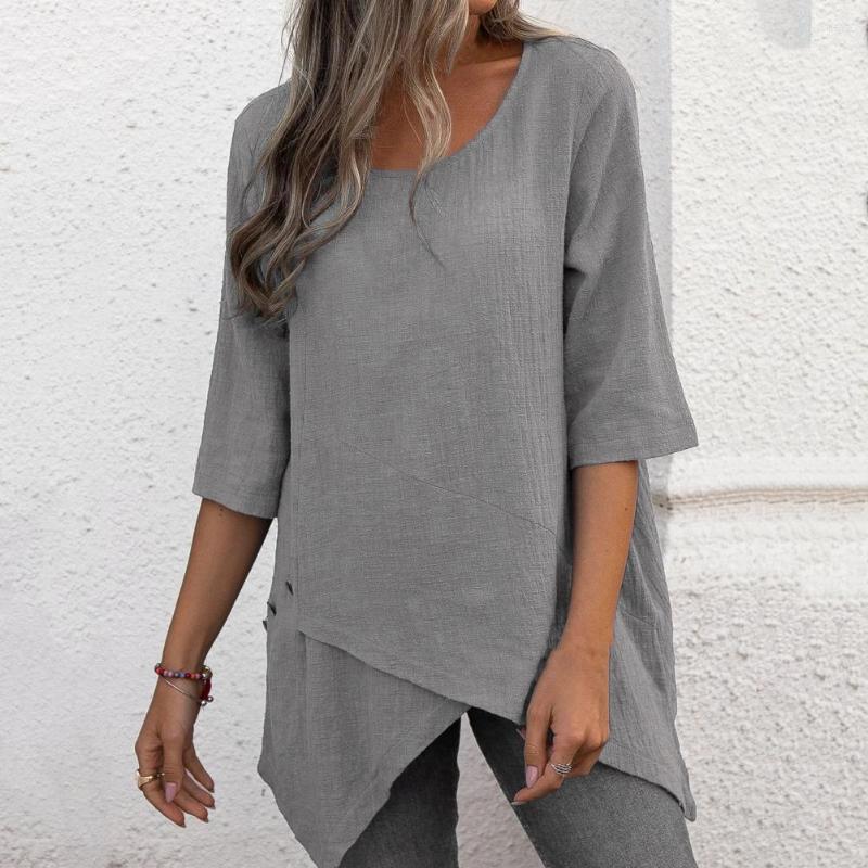 

Women' Blouses O-neck Irregular Hem Pullover Blouse Solid Color Half Sleeve Vintage Loose Top Buttons Decor Mid-Length Women, Army green