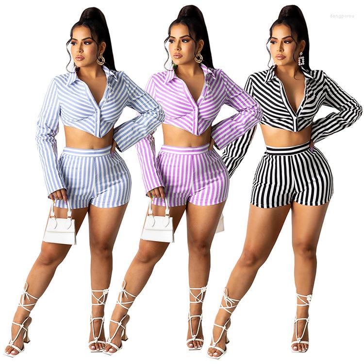 

Women' Tracksuits European And American Sexy Women' Summer Fashion Personality Striped Shirt Button Open Belly Casual 2-piece Set, Black
