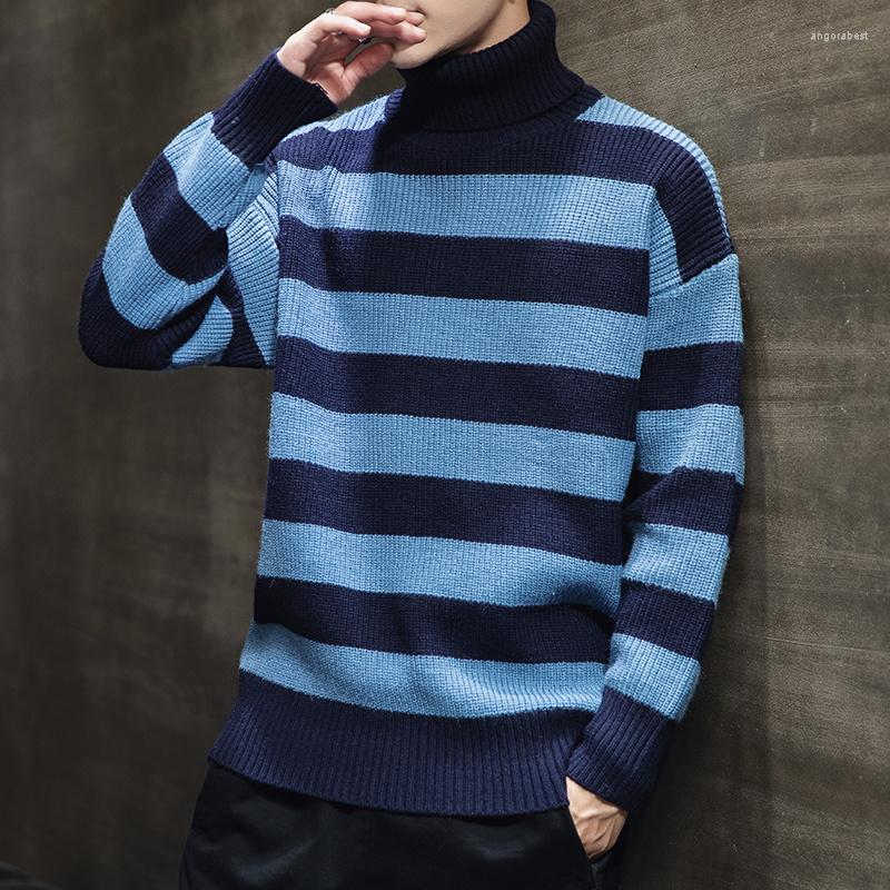 

Men's Sweaters Autumn Winter Turtleneck Men Stripe Knitted Sweater Mens Streewear Warm Pullovers Male, Black
