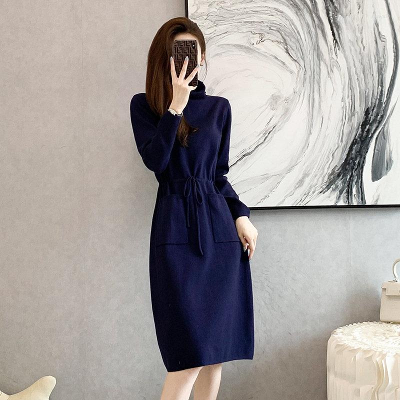

Casual Dresses In Long High Collar Knitting Dress Female Qiu Dong Season Solid Color Sweater Of Charge Show Thin Waist Inside Take A Word, Black