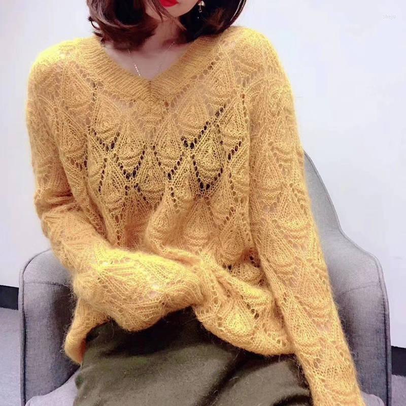 

Women's Sweaters 2022 Spring Autumn Sweater Ladies Hollow Out Knitted Jumper Women Pullovers Streetwear V-neck A204, Yellow