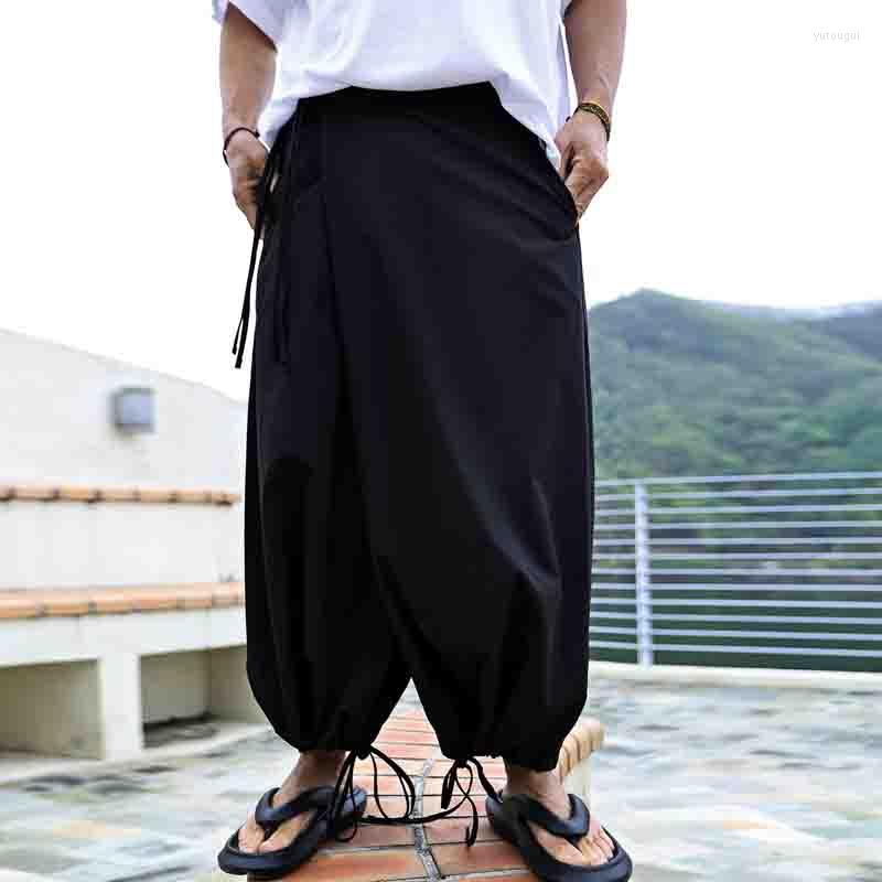 

Men' Pants Men' Black Lace Up Leggings Loose Fashion Wide Leg Summer Korean Trend Diagonal Winding Culottes With Adjustable Rope