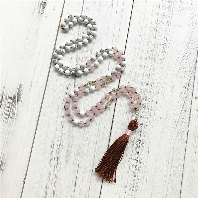 

Pendant Necklaces Natural White Howlite Rosequartz Mala 108 Beads Necklace Buddhist Prayer Meditation Energy Tranquility Divine