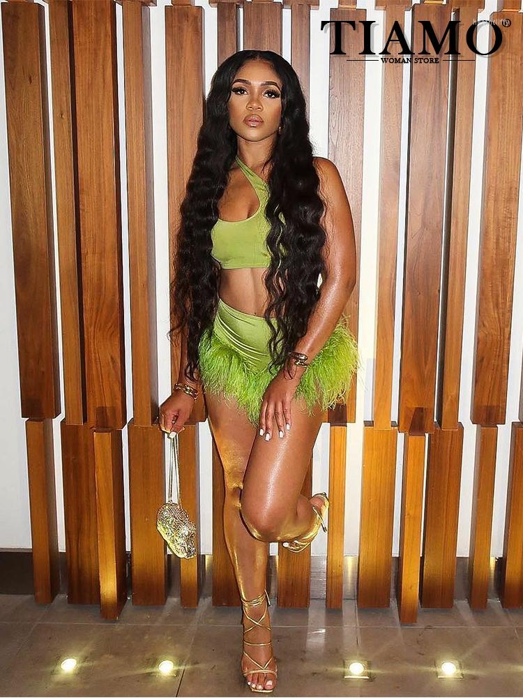 

Women' Tracksuits TIAMO Two Piece Sets Womens Outifits Wholesale Sexy Feather Irregular Sleeveless Tank Top Shorts Set Drop, Black