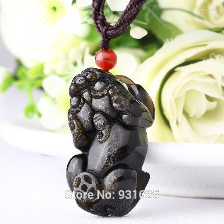 

Pendant Necklaces Beautiful Natural Gold Obsidian Carved Handmade Chinese PiXiu Lucky Amulet Free Beads Necklace Fine Jewelry