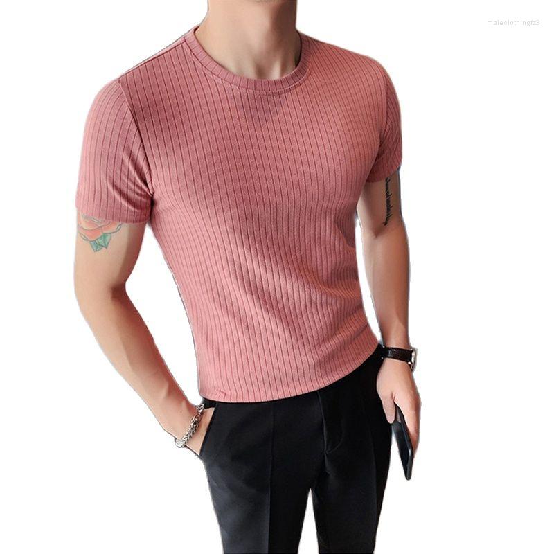 

Men's T Shirts 2022 Summer Boutique Knitted Fashion Striped Casual Round Neck Short-sleeved T-shirt Stretch Slim T-shirts, Black