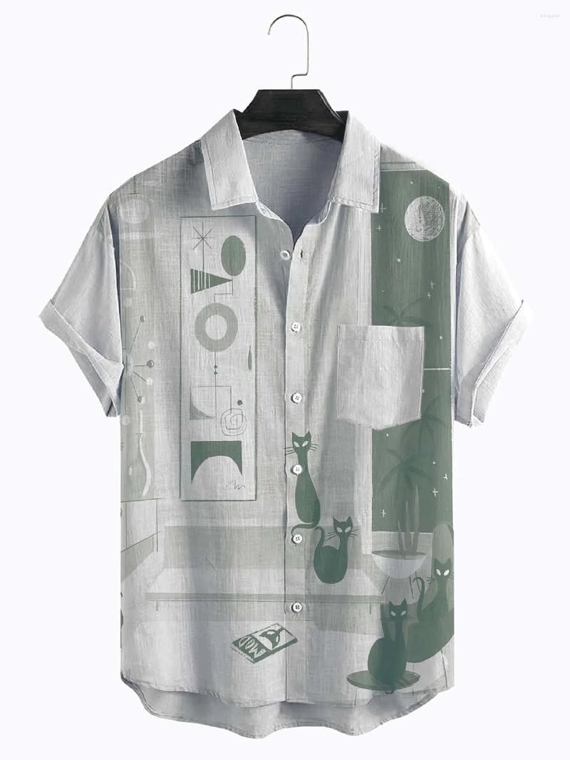 

Men's Casual Shirts Cotton Linen Geometric Print Short Sleeve Shirt, A606