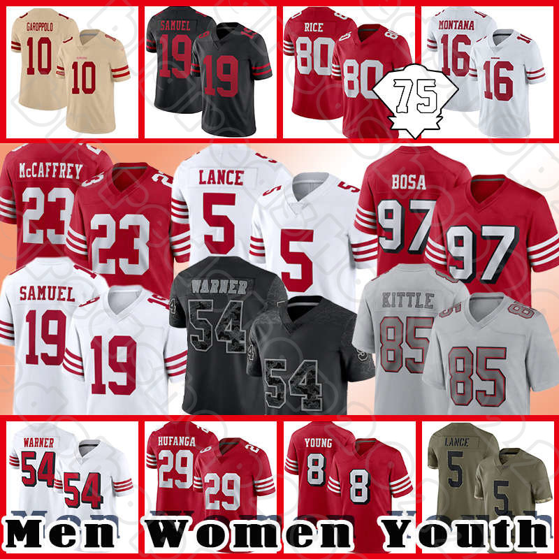 

Christian McCaffrey Football George Kittle Trey Lance Nick Bosa Jerseys Talanoa Hufanga Deebo Samuel Fred Warner Jimmy Garoppolo Brandon Aiyuk Juszczyk Jerry Rice, Black