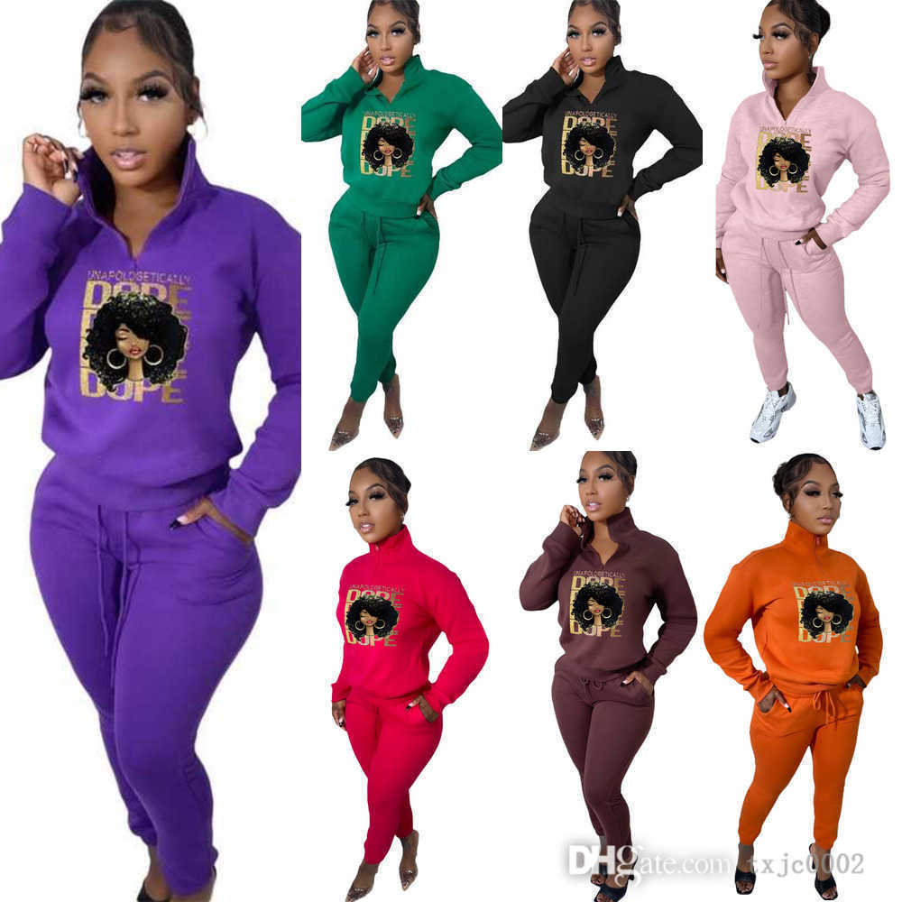 

2022 Women Autumn Winter Tracksuits Sweatsuits Printed Pattern Plush Pullover Zipper Hoodie Sport Pants Casual Outfits, Purple