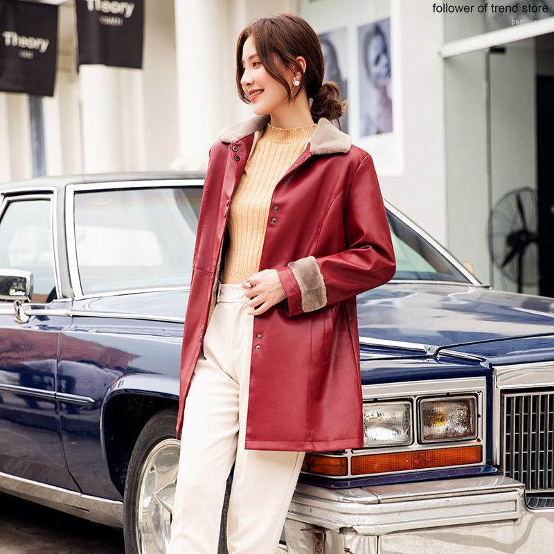 

Women's Leather Red Burgundy Long Thick Jacket Autumn Winter Women's Korean Coat Velvet Loose Lapel, Black