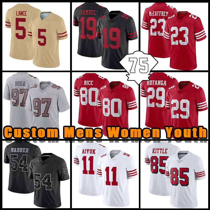 

Christian McCaffrey Football Trey Lance George Kittle Deebo Samuel Jerseys Talanoa Hufanga Nick Bosa Jerry Rice Fred Warner 49ers Jimmy Garoppolo Aiyuk Juszczyk, Black