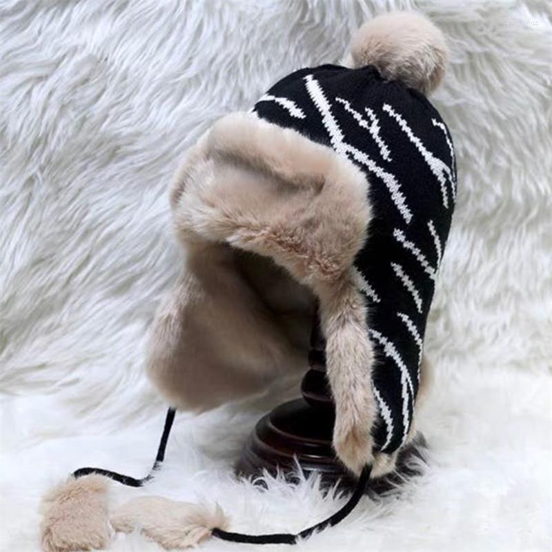 

Berets Winter Women Bomber Hat Fashion Stripe Windproof Female Outdoor Cap Cold Weather Warm With POMPOM Balls, Stripe 02