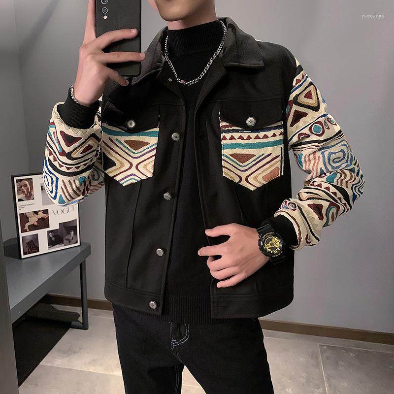 

Men's Jackets Vintage Patchwork Men Korean Casual Slim Fit Bomber Jacket Lapel Big Pocket Outwear Social Streetwear Clothing 2022, Brown