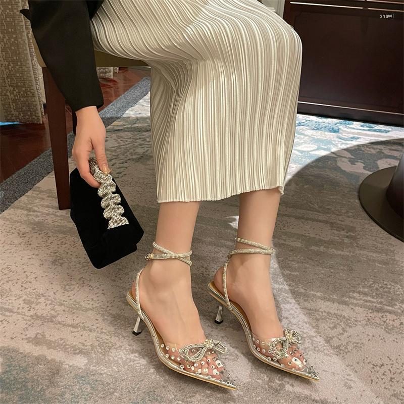 

Sandals Fashion Women Pointed Toe Bow Design Rhinestone Thin High Heels Party Wedding Shoes Cross Ankle Strap Ladies Summer Shoe, Black