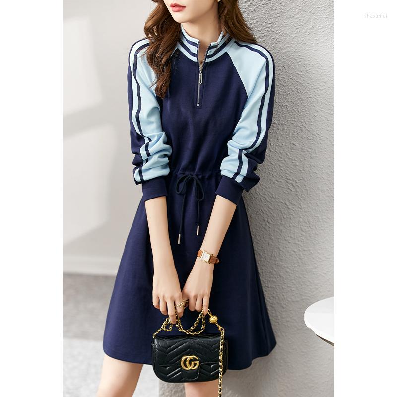 

Casual Dresses Vimly Long Sleeve Dress Autumn 2022 Knitted Sweatshirt Fashion Soft Half Zipper Stand Collar A-line Women V3932, Navy blue