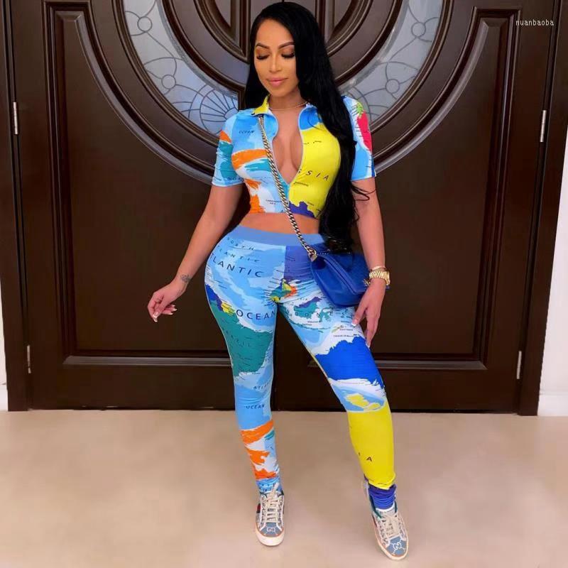 

Women' Tracksuits Map Print Spring Casual Tracksuit Women Turn-down Collar Crop Top And Skinny Pants Set Streetwear 2 Piece Sets Womens, Multi