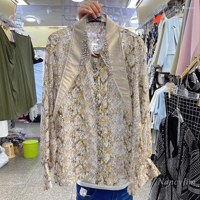 

Women's Blouses Exquisite Rhinestone Chiffon Pointed Collar Floral Shirt Women's Early Autumn Long Sleeve Blouse Chic Top Blusas Femme, Black