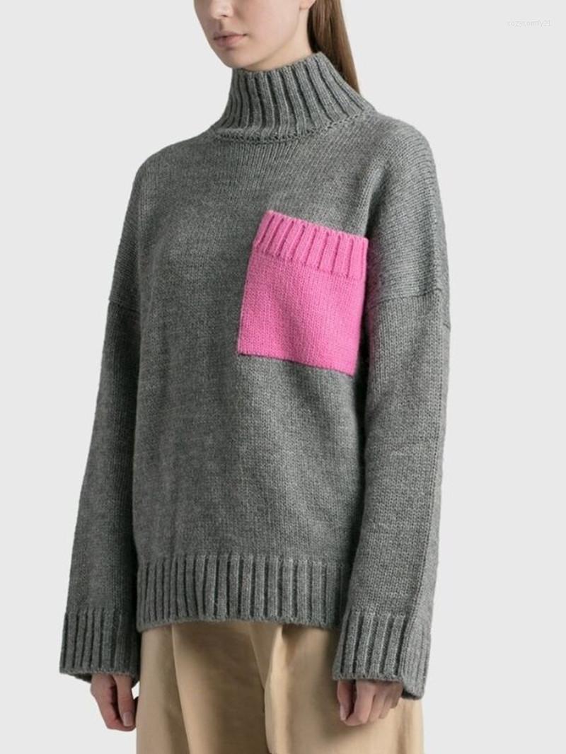 

Women's Sweaters 2022 Turtleneck Knitted Sweater With Contrast Color Pocket Couple Loose Long Sleeve Knit Pullover Tops, Blue