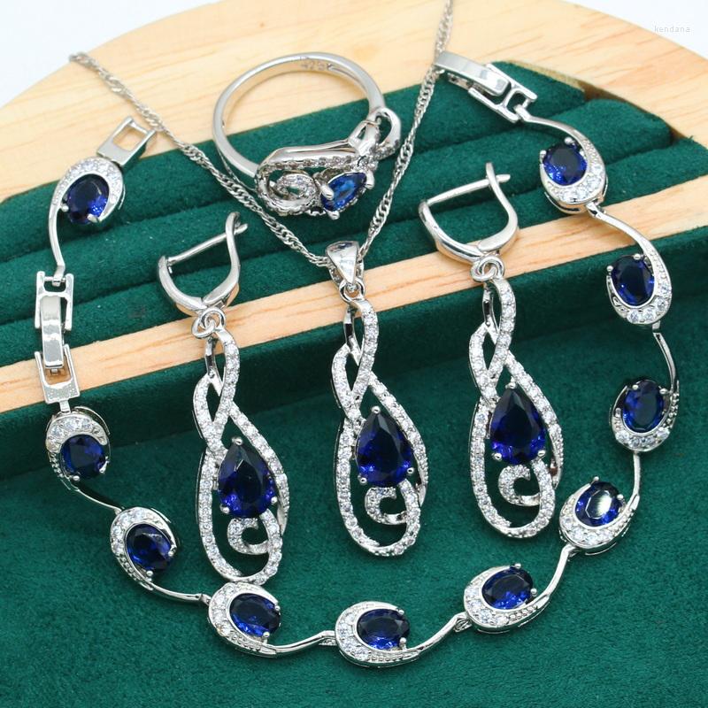 

Necklace Earrings Set Silver Color Jewelry For Women Wedding Bride Blue Green Zircon Bracelet Pierced Ring Christmas Gift, Picture shown
