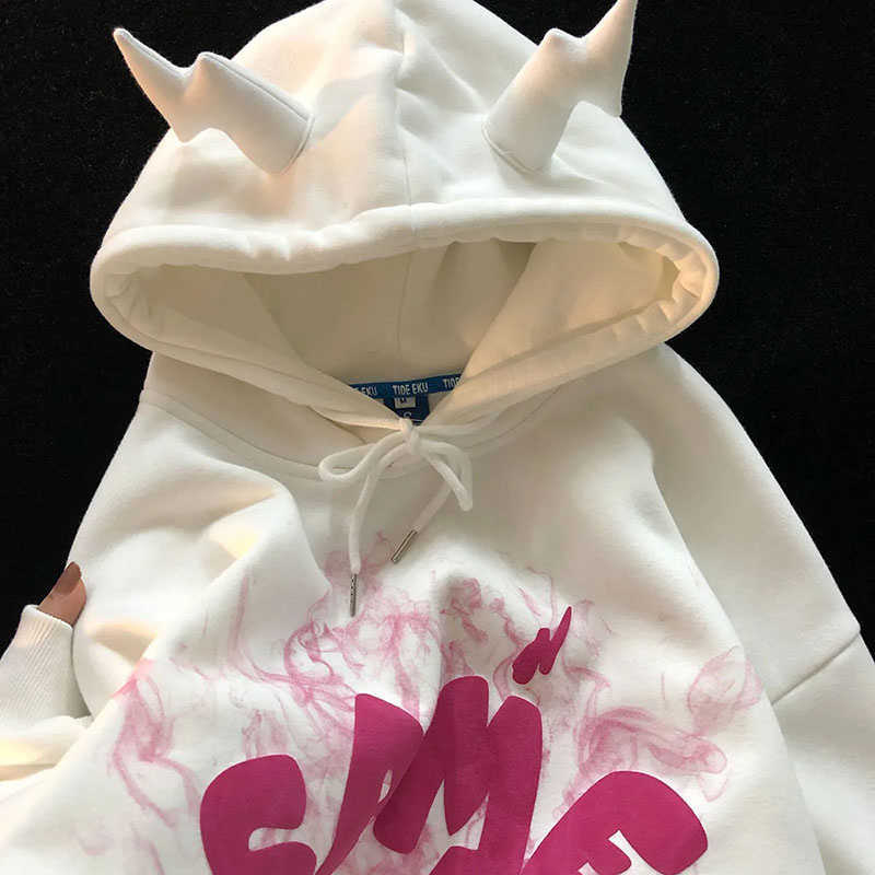 Hoodies Fleece Y2K Angel Ears Sweatshirt Women Graffiti Monster Bubble Anime Long Sleeve Harajuku Goth Oversized Thick Pullover