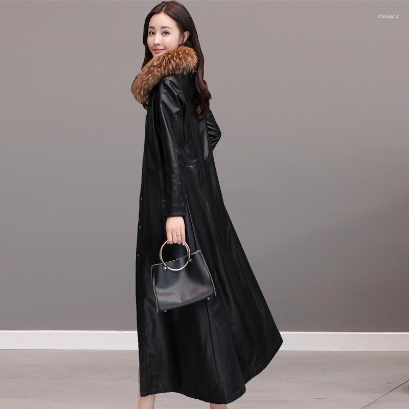 

Women's Leather Winter Jacket Women Clothes 2022 Korean X-long Faux Coat Real Raccoon Fur Ladies Chaqueta Mujer LW1123, Black
