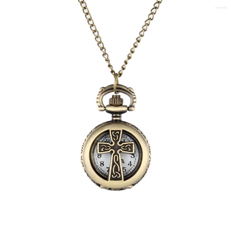 

Pocket Watches Vintage Bronze Crucifix Cross Hollow Quartz Watch Necklace Pendant Women Men's Gifts LXH, As show