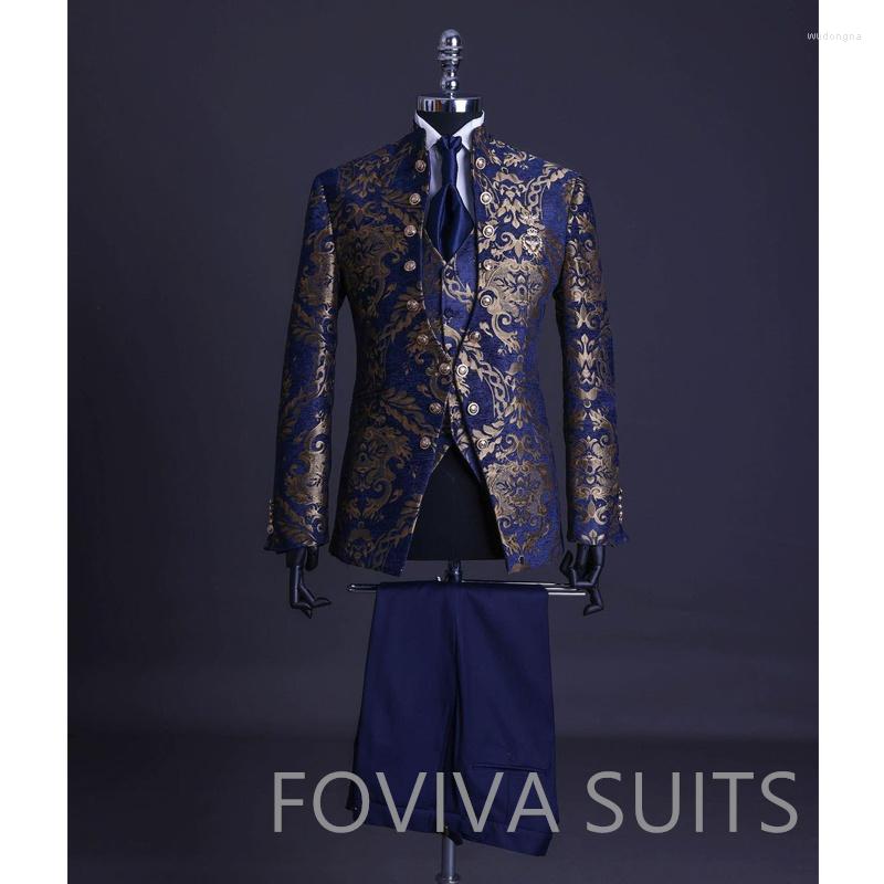 

Men's Suits Navy Blue Floral Jacquard Men With Stand Collar Double Breasted Jacket Vest Pants 3 Piece Formal Wedding Tuxedo For Groom, Same as model