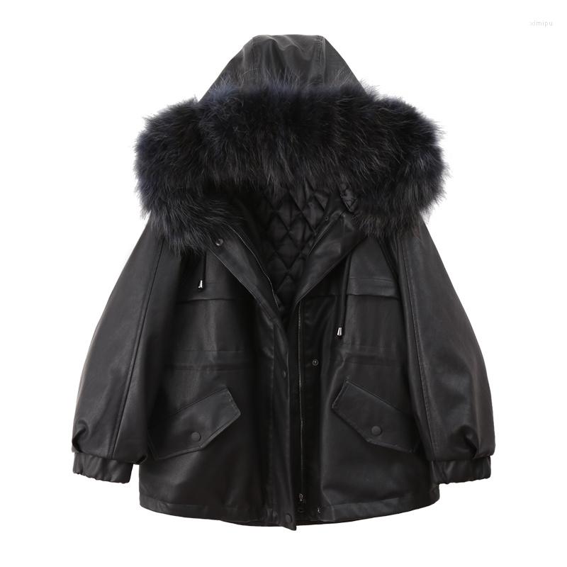 

Women's Leather Hooded Genuine Fur Collar Thick Coat Women's Winter Korean Style Loose PU Jacket, Black