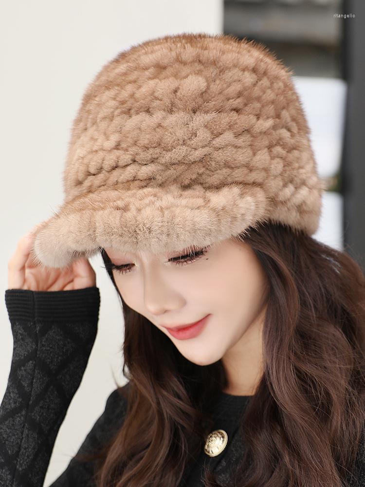 

Ball Caps Women's Real Hat Knitted Stretch Fluffy Winter Baseball Cap Outdoor Warm Headwear, Black