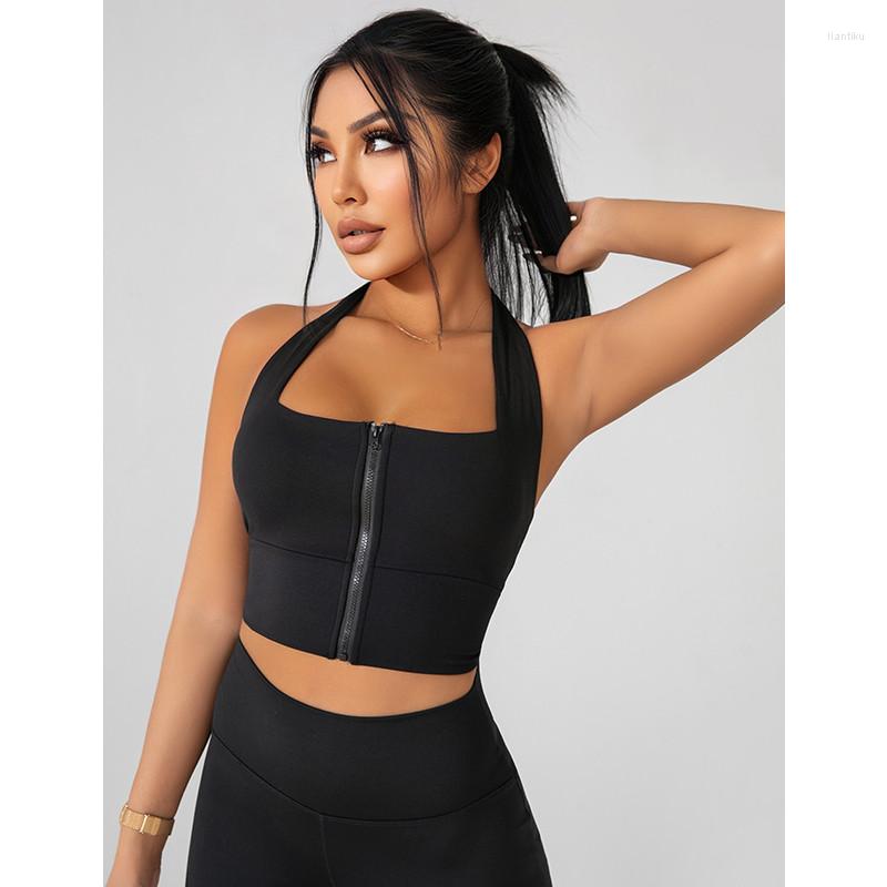 

Yoga Outfit Autumn Winter Zipper Hanging Neck Sports Top Underwear Women Shockproof Running Gathered Gym Bra Wide Shoulder Srap Fitness Tank, Beige