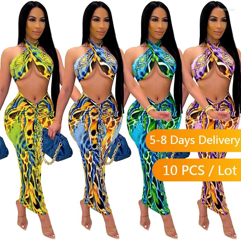 

Work Dresses Bulk Items Wholesale Lots Summer Sexy Two Piece Set Women Printed Bodycon Club Outfits Halter Top And Drawstring Long Skirt, Blue