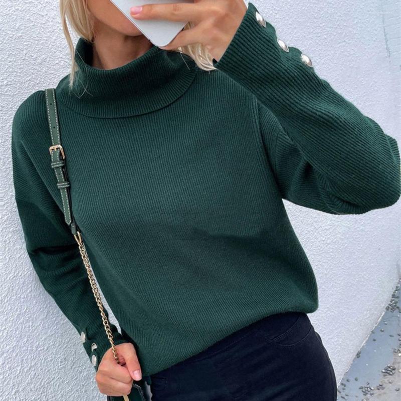 

Women' Sweaters Classic Warm Casual Knitted Sweater Turtleneck Buttons Cuff Women Pullover Streetwear, Grey