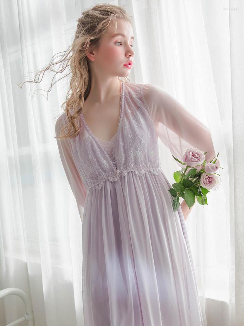 

Women's Sleepwear Hanxiuju 2 Pieces Women's Robe Sets Long Sleeve Royal Roupas De Dormir Femininas White Embroidery Summer Lace Sexy, Purple
