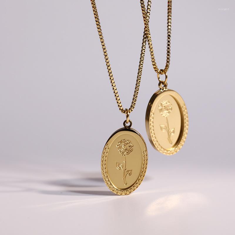 

Pendant Necklaces Vintage Rose Flower Oval Necklace Simple Golden Stainless Steel Sweater Chain For Women Fashion Gold Plated Jewelry Gift