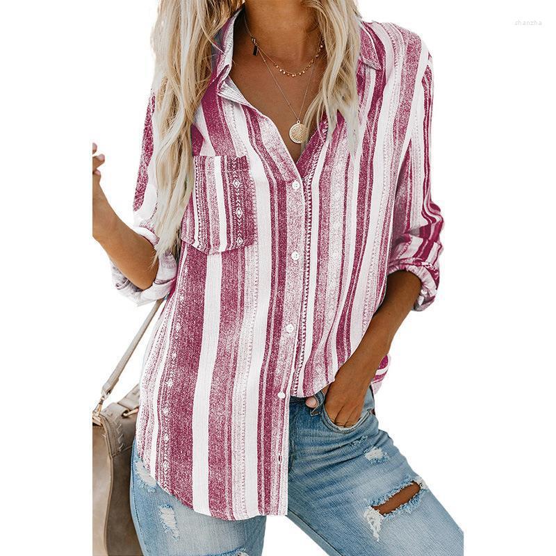 

Women' Blouses 2022 Autumn Striped Shirt Women' Lapel Single-breasted Long-sleeved Loose Cardigan Top Lady Casual Pocket Splicing, Purple