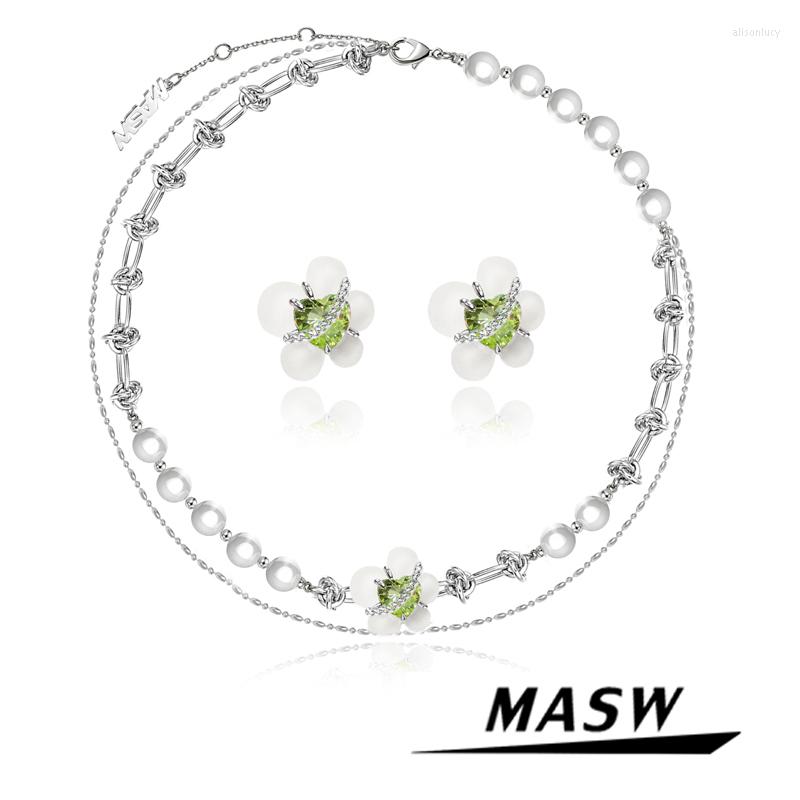 

Necklace Earrings Set MASW Modern With Elegant Temperament Flower Pearls For Women Original Design, Picture shown