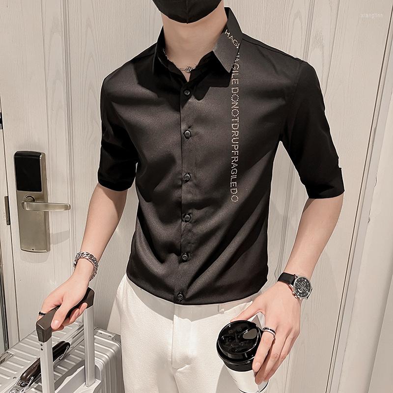 

Men's Casual Shirts Rhinestones Letter Men Summer Half Sleeve Business Social Dress Shirt Streetwear Slim Party Tuxedo Blouse, White