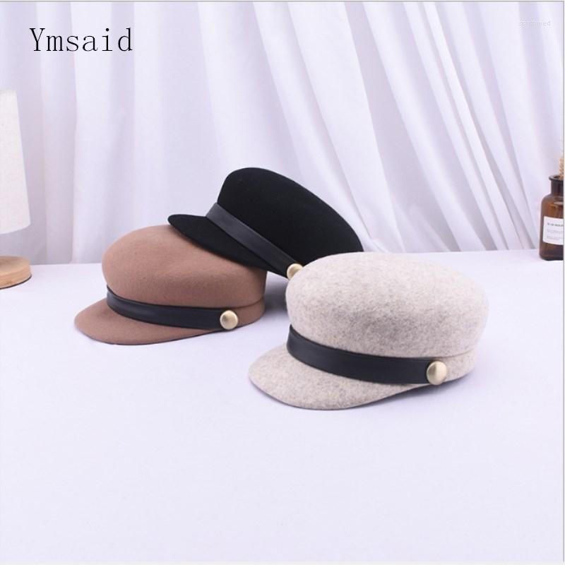 

Berets Lady Visors Hat Autumn Winter Round Buckle Belt Decorated Wool Fedoras Cap Female British Fashion Beret Retro Military, Khaki