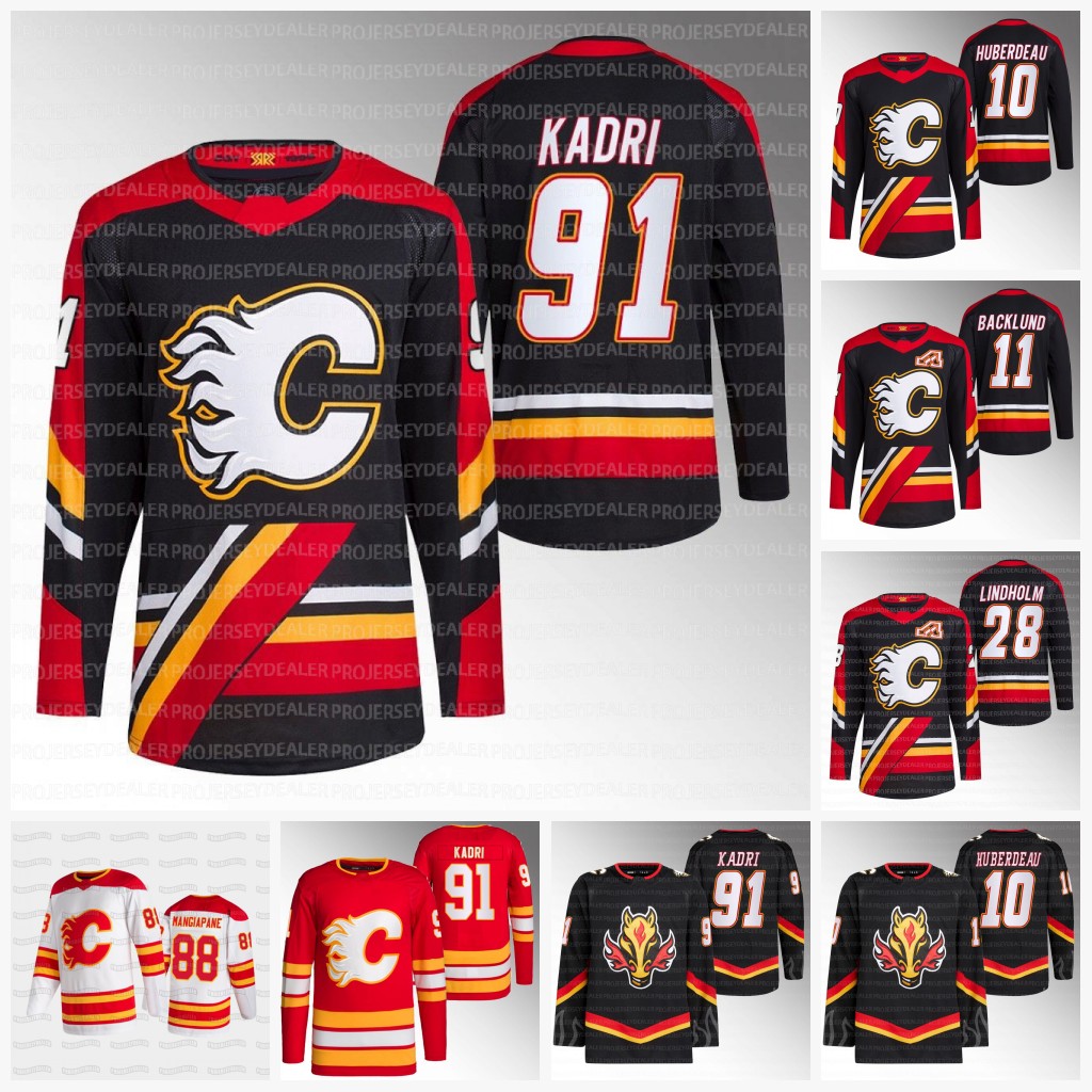 

Calgary Nazem Kadri 2023 Flames Jersey Jonathan Huberdeau Milan Lucic Elias Lindholm Andrew Mangiapane Hanifin Jacob Markstrom Mikael Backlund, 2021 red