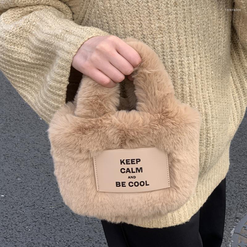 

Evening Bags Designer Simple Plush Women's Handbag Luxury Casual Faux Fur Shoulder Bag Ladies Fashion Brand Soft Crossbody Woman, Coffee