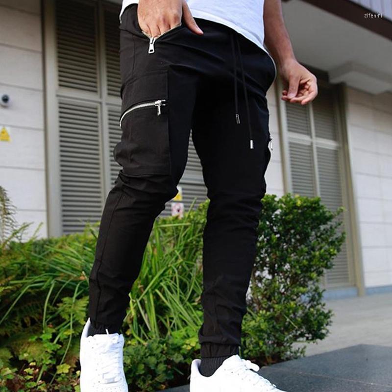 

Men's Pants Colorich Cargo Men Joggers Solid Color Slim Fitness Running Trousers Zipper Multi-Pocket Sports Casual Stretched, Black